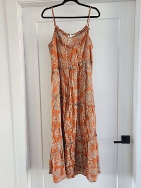 Blu Pepper Orange Floral Tiered Spaghetti Strap Maxi Dress